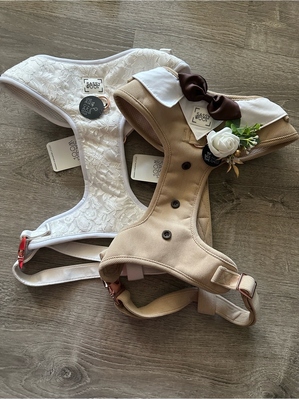 Sassy Woof Beige & White Dog Harness Set - Elegant Floral & Bow Design size XXL